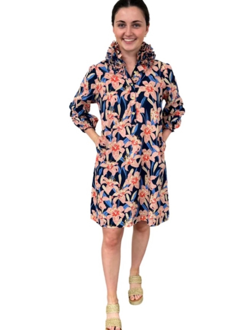 LIZA BYRD Maria Ruffle Neck Dress in Navy Pink Lily Floral, NWT